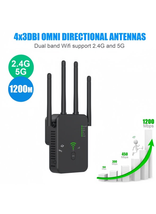 1200Mbps اللاسلكي واي فاي مكرر واي فاي إشارة تعزيز مزدوج النطاق 2.4G 5G واي فاي توسيع 802.11ac جيجابيت واي فاي مضخم WPS الراوتر ، AC1200 - Image 2
