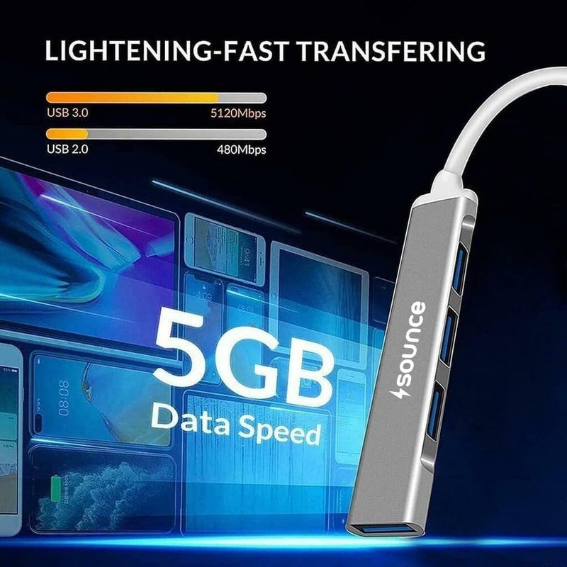 Sounce محور USB 3.0 بأربعة منافذ للكمبيوتر – محور USB عالي السرعة مصنوع من الألمنيوم متوافق مع الكمبيوتر، ماك بوك، ماك برو، ماك ميني، آي ماك، سيرفيس برو، و XPS. - Image 5