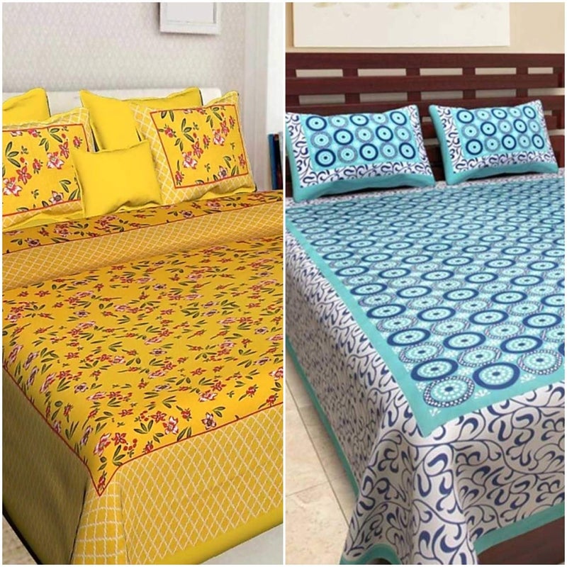 BedZone 100 Cotton Rajasthani Jaipuri King Size Printed Bedsheet Combo Double Bed Set 2 Double Bedsheet with 4 Pillow Cover Multicolor - Image 1