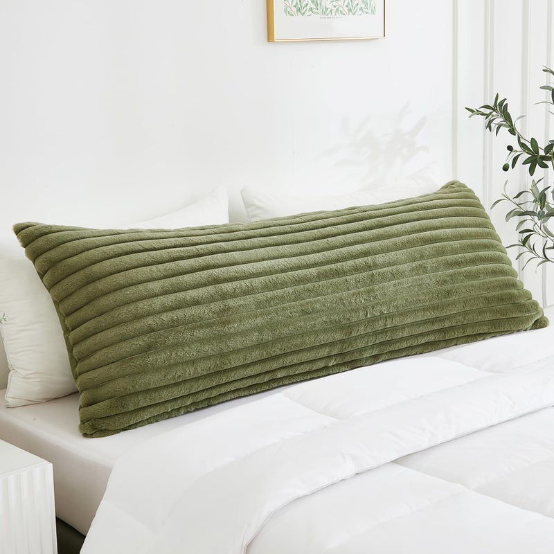 Memfydu Full Body Pillow with Fluffy Stripe Faux Fur Removable Cover, Long Bed Pillow Adult 20x54 Inches for Side Sleeper and Pregnancy, Sage. - Image 4