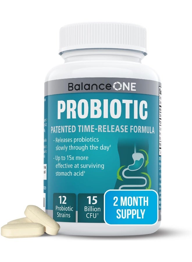 Balance ONE Probiotic, Daily Probiotics For Women & Men, Shelf Stable, 15 Billion Cfus With Prebiotics, 12 Probiotic Strains, Lactobacillus Plantarum Acidophilus & Paracasei, 60 Time-Release Tablets - Image 1