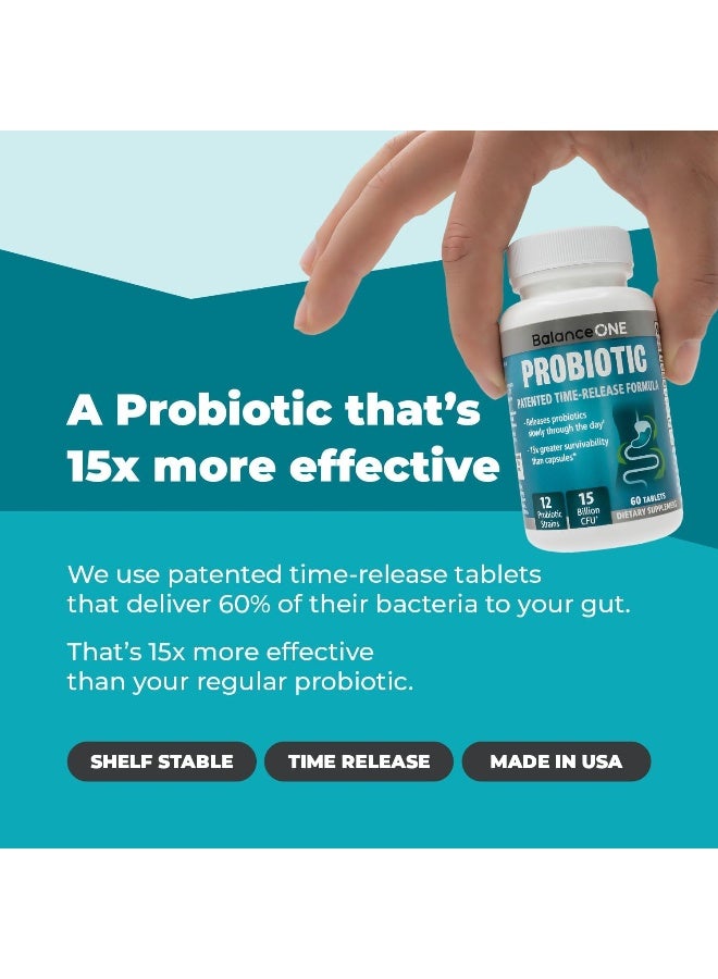 Balance ONE Probiotic, Daily Probiotics For Women & Men, Shelf Stable, 15 Billion Cfus With Prebiotics, 12 Probiotic Strains, Lactobacillus Plantarum Acidophilus & Paracasei, 60 Time-Release Tablets - Image 3