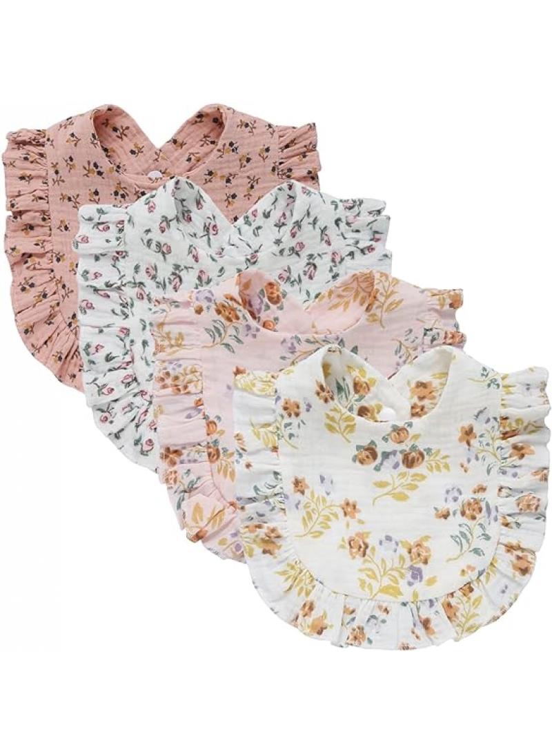 general Baby Saliva Towel Ruffled Baby Cotton Printed Gauze Lace Bib Bib 4 Packs - Image 1