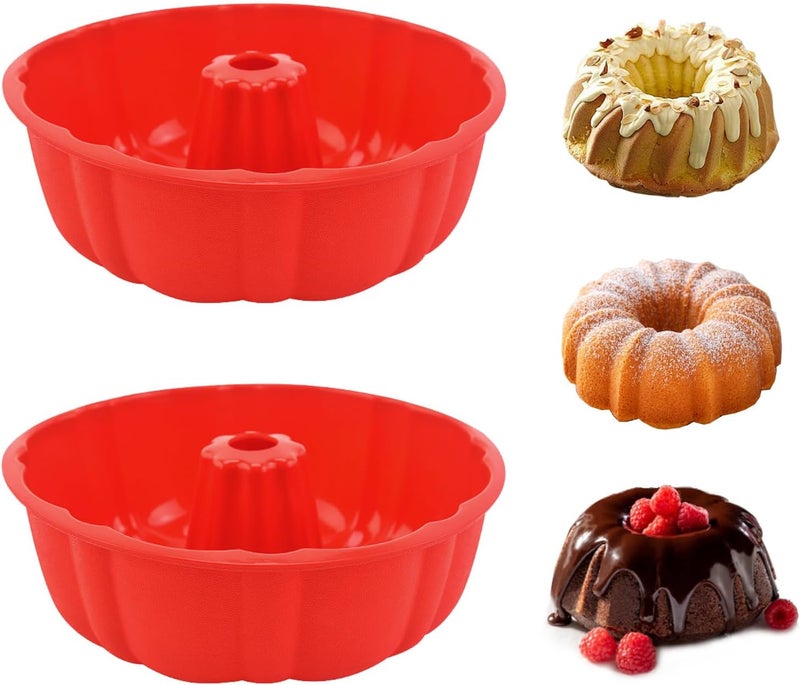 PADELE 2 Pack Silicone Bundt Cake Pan Nonstick,10 Inch, Silicone Cake Molds,Pound Cake Pan, Baking for Jello,Gelatin,Cake,Brownie and Bread (Red+Red) - Image 1