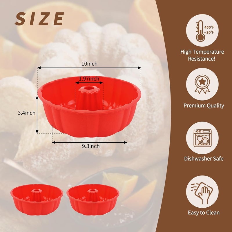 PADELE 2 Pack Silicone Bundt Cake Pan Nonstick,10 Inch, Silicone Cake Molds,Pound Cake Pan, Baking for Jello,Gelatin,Cake,Brownie and Bread (Red+Red) - Image 2
