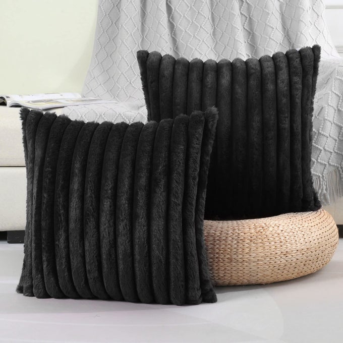 BLACK STRIPED DECORATIVE THROW PILLOW COVERS 22X22 INCH SET OF 2SQUARE SPRING DECORATIONS COUCH PILLOW CASESOFT COZY FAUX RABBIT FUR VELVET BACKMODERN HOME DECOR FOR BED