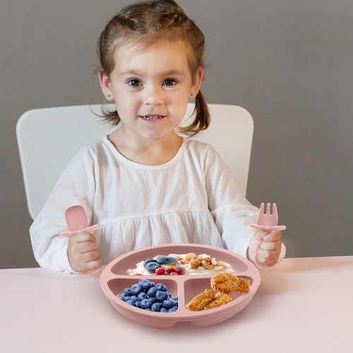 Eascrozn Silicone Feeding Set, 2 Pack Divided Toddler Plates with Suction, 2 Pack Utensils - Spoons & Forks, BPA Free, Baby Led Weaning Supplies - Image 4