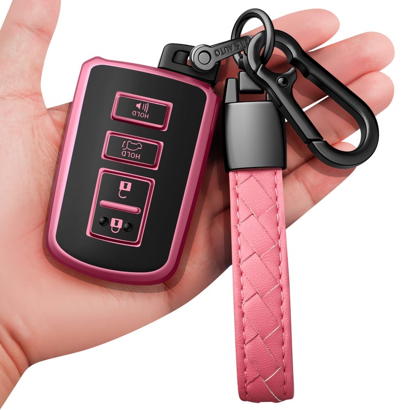 Sindeda for Toyota Key fob Cover with Leather Keychain,Soft TPU Full Cover Protection Key Case for Toyota Corolla, Camry, Avalon, Rav 4, Highlander Key Fob Shell (Pink)…
