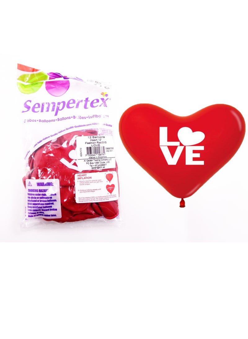 Sempertex 12pcs, 12" Heart Shape Balloon, Fashion Red, Love, Latex Balloons - Image 3
