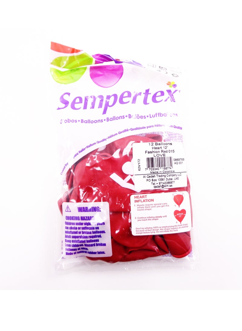 Sempertex 12pcs, 12" Heart Shape Balloon, Fashion Red, Love, Latex Balloons - Image 2