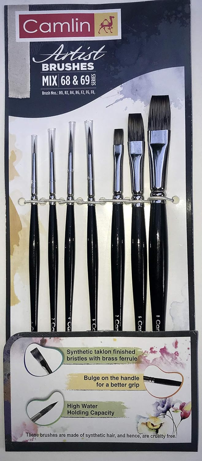 Camlin Camlin Kokuyo Artist Paint Brush Mix Series 68 Series 69 Round Flat Synthetic taklon Set of 7 by Anmol Art Frames