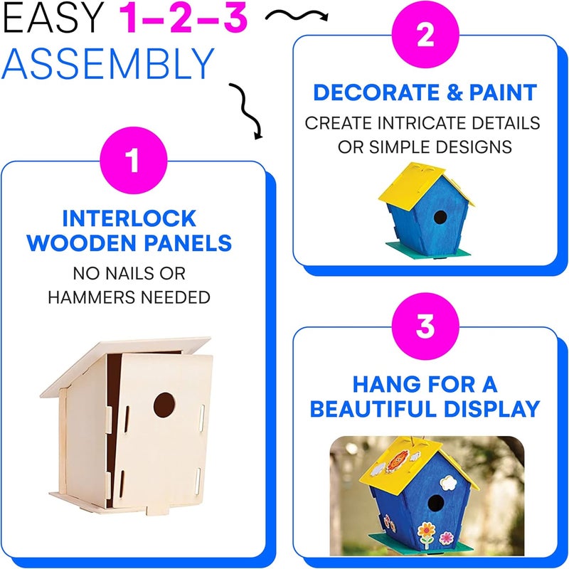 Neliblu 2 Pack Birdhouse Kits for Kids - 6.1" x 5.9" x 3.0" - DIY Craft and Garden Decoration, Pre-cut, Easy to Assemble for Birdwatchers - Includes Paints, Brushes, Birdhouse Kits for Adults to Build - Image 5