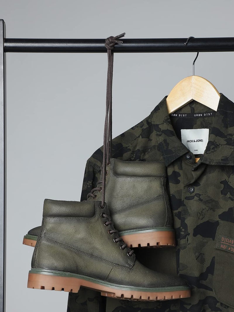 JACK & JONES JACK&JONES Green Vintage Washed Leather Boots - Image 2