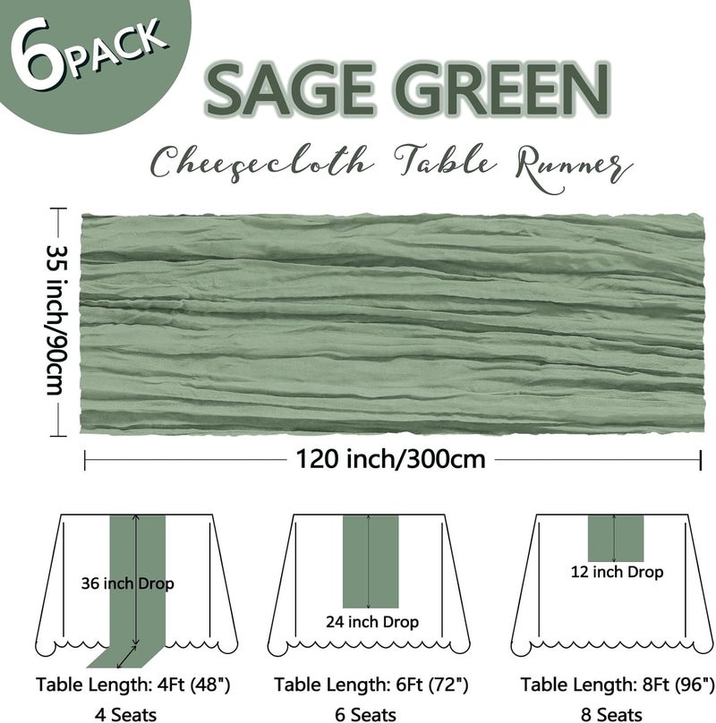 Heneger 6 Pack Sage Green Cheesecloth Table Runner 10Ft - Boho Sheer Rustic Fabric for Weddings and Parties - Image 2