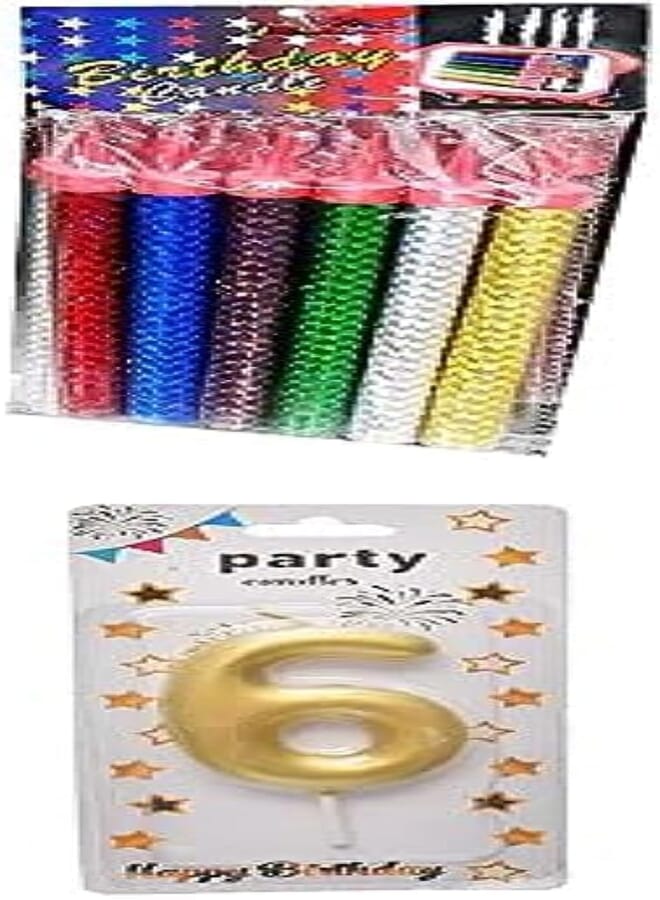 Sparkles candles for party decoration and supplies 20 cm + Large birthday glitter candle with number 6 design for cake decoration - gold