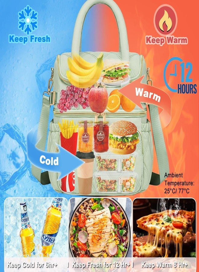 Weitars Lunch Bag for Women Men,Double Deck Lunch Box for Women,Quilted Lunch Tote for Work,Insulated Lunch Cooler Leakproof Lunchbox for Adult with Shoulder Strap &Pockets for Picnic Hiking (Green) - Image 4