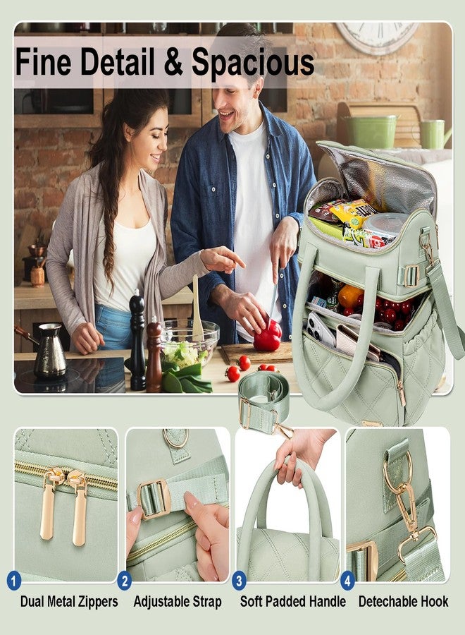 Weitars Lunch Bag for Women Men,Double Deck Lunch Box for Women,Quilted Lunch Tote for Work,Insulated Lunch Cooler Leakproof Lunchbox for Adult with Shoulder Strap &Pockets for Picnic Hiking (Green) - Image 3