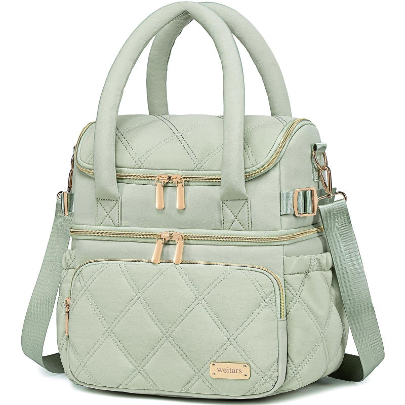 Weitars Lunch Bag for Women Men,Double Deck Lunch Box for Women,Quilted Lunch Tote for Work,Insulated Lunch Cooler Leakproof Lunchbox for Adult with Shoulder Strap &Pockets for Picnic Hiking (Green) - Image 1