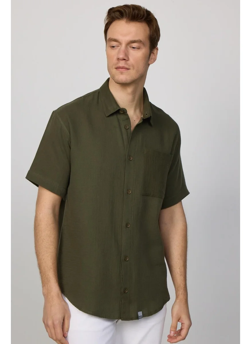 Tudors Relax Fit Comfortable Fit Muslin Fabric 100% Cotton Short Sleeve Single Pocket Summer Plain Khaki Men's Shirt
