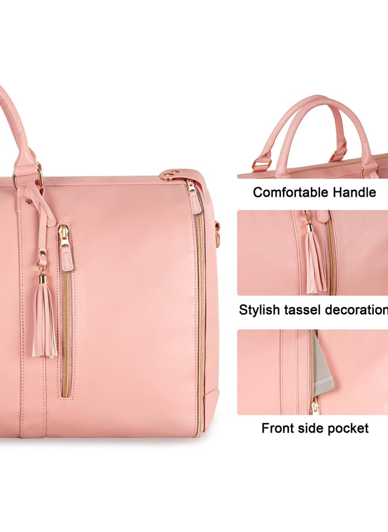 Excefore - Carry On Garment Bag, Foldable PU Leather Duffle Bag for Women, Large Waterproof Garment Bags for Travel with Shoe Pouch, 2 in 1 Hanging Suitcase Suit Travel Essentials, Gifts for Women (Pink) - Image 1