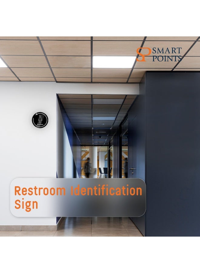 "سمارت بوينتس  " علامة باب دورات المياه الأكريليك ثلاثية الأبعاد – تصميم دائري أسود للرجال والنساء – مقاس 23 سم، قص ليزر، تثبيت جداري – لحمامات المنازل، المكاتب والأماكن العامة - Image 2