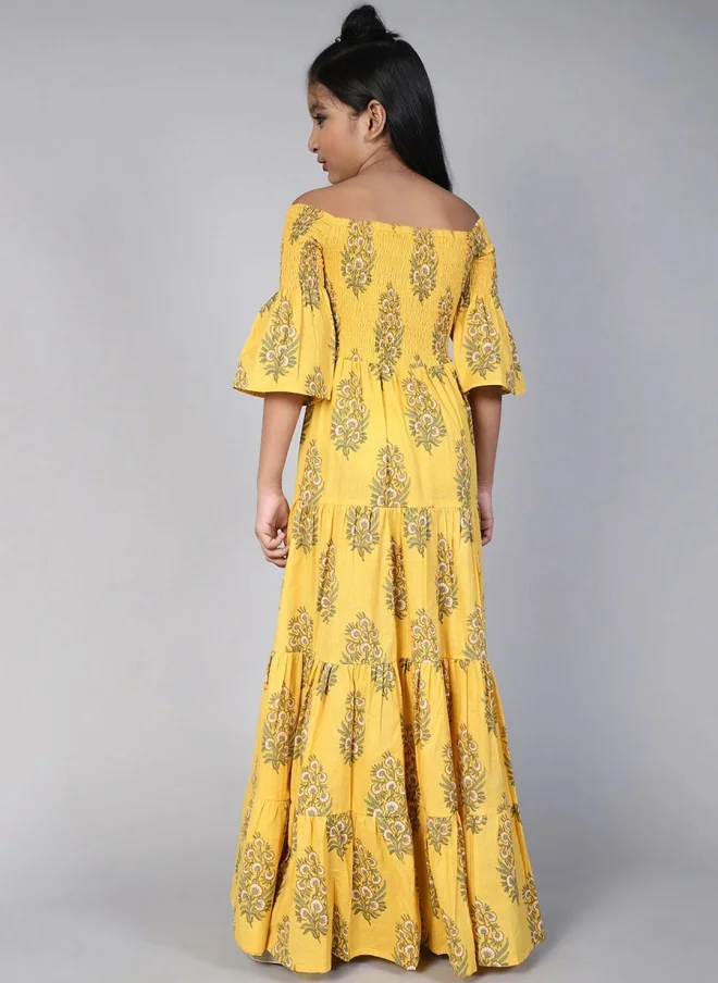 AKS Yellow Floral Printed Maxi Dress for Girls