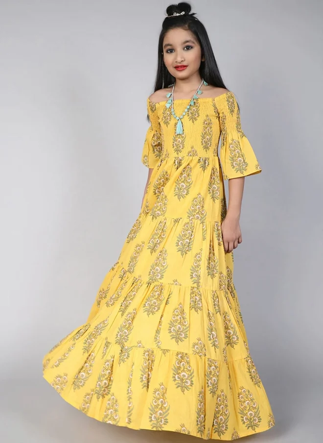 أيه كيه إس Yellow Floral Printed Maxi Dress for Girls