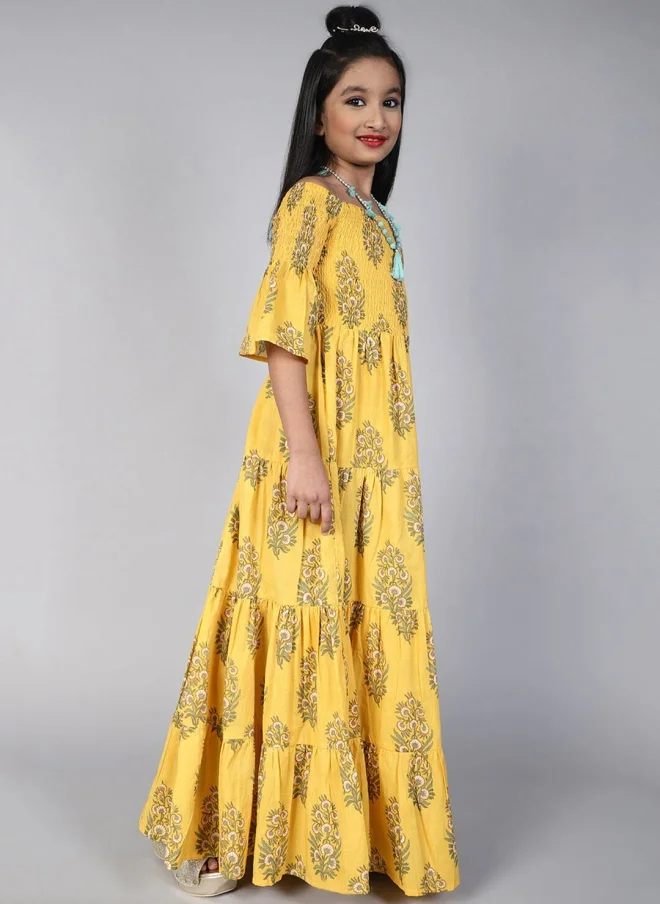 AKS Yellow Floral Printed Maxi Dress for Girls