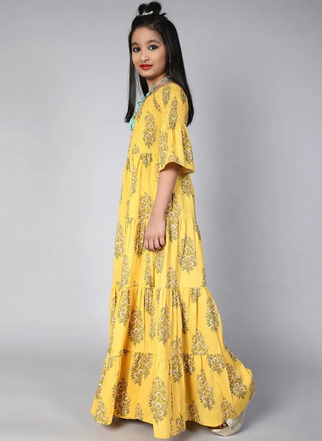 AKS Yellow Floral Printed Maxi Dress for Girls