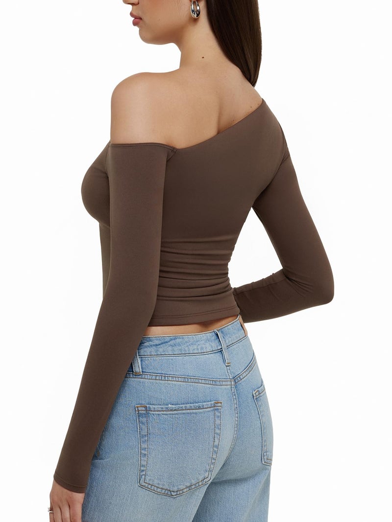 REORIA Womens Trendy Long Sleeve Shirts Double Lined Casual Slim Fitted Tee Y2K 2026 Fall Going Out Off The Shoulder Tops Brown - Image 3