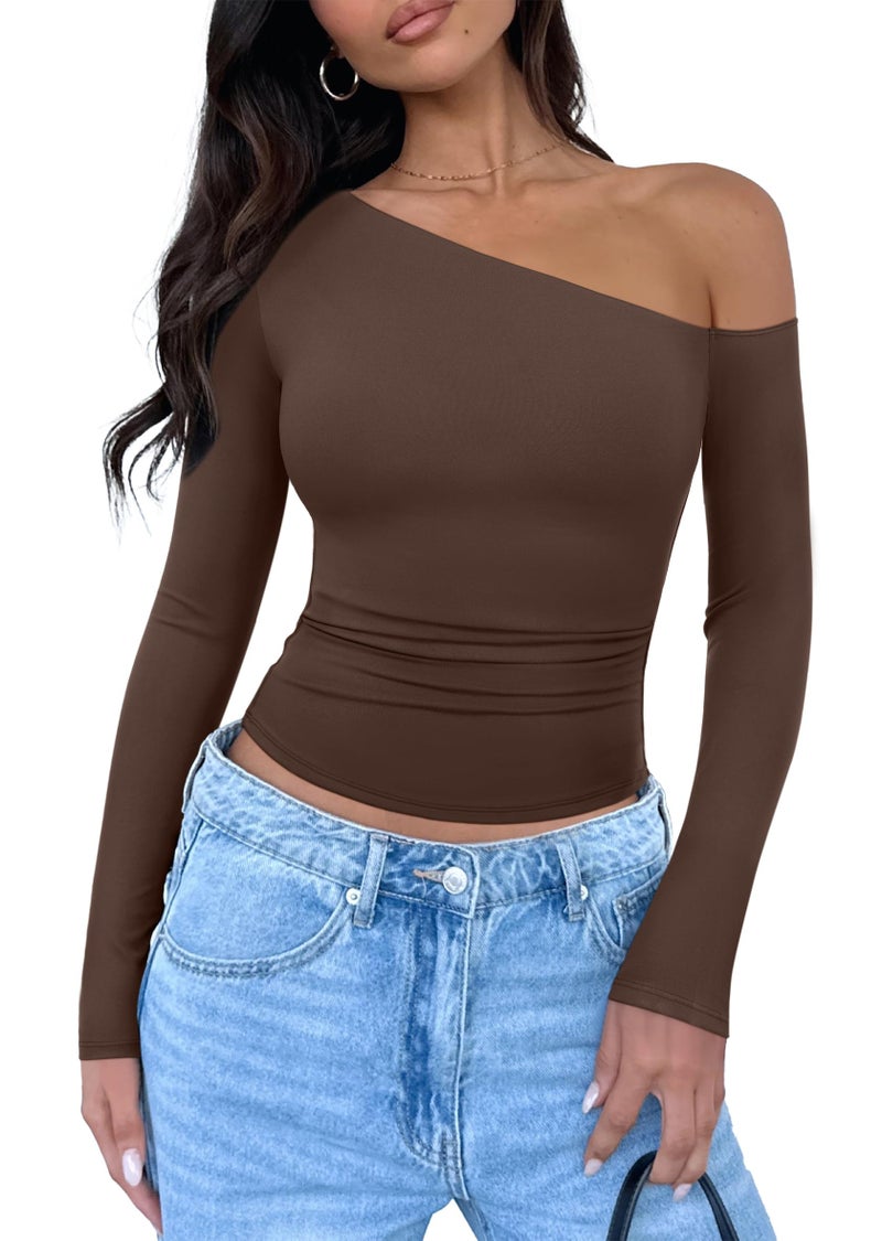 REORIA Womens Trendy Long Sleeve Shirts Double Lined Casual Slim Fitted Tee Y2K 2026 Fall Going Out Off The Shoulder Tops Brown - Image 1