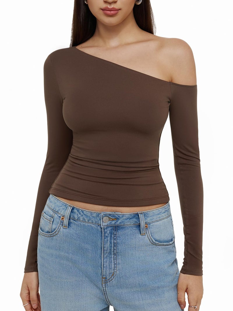 REORIA Womens Trendy Long Sleeve Shirts Double Lined Casual Slim Fitted Tee Y2K 2026 Fall Going Out Off The Shoulder Tops Brown - Image 2