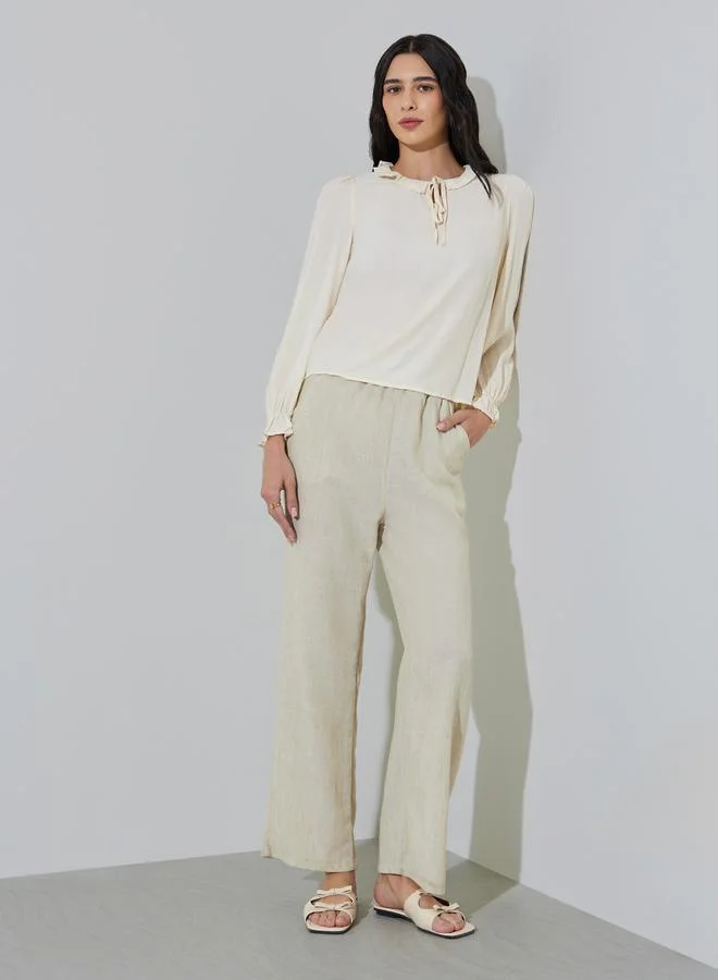 ستايلي Cream Long Sleeve Blouse with Tie Neck Detail