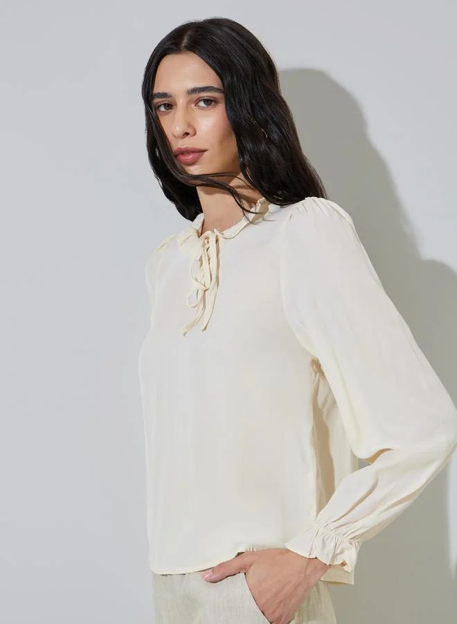 ستايلي Cream Long Sleeve Blouse with Tie Neck Detail