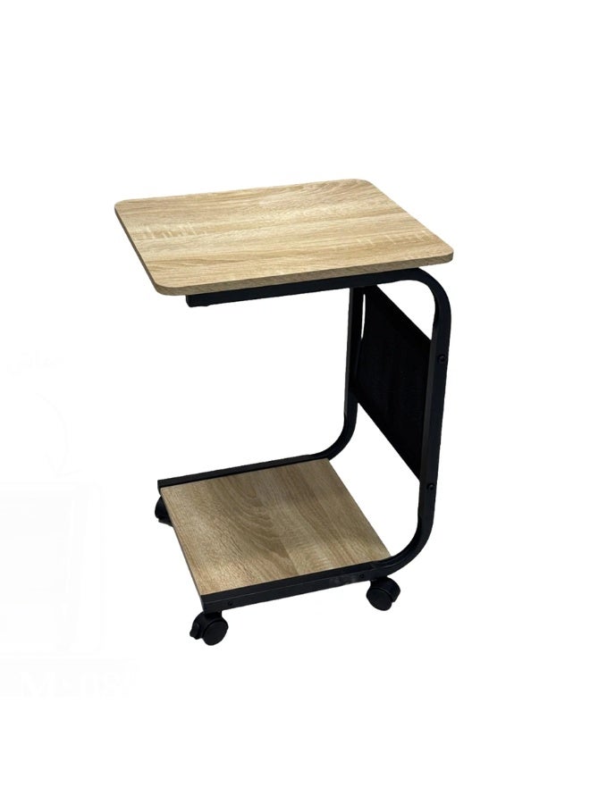 C-Shaped Mobile Sofa Side Table with Lower Shelf and Storage Pocket - Natural Wood Finish & Black Metal Frame - Image 3