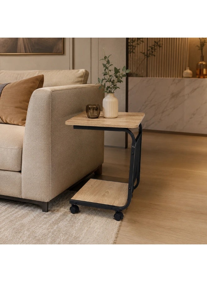 C-Shaped Mobile Sofa Side Table with Lower Shelf and Storage Pocket - Natural Wood Finish & Black Metal Frame - Image 1