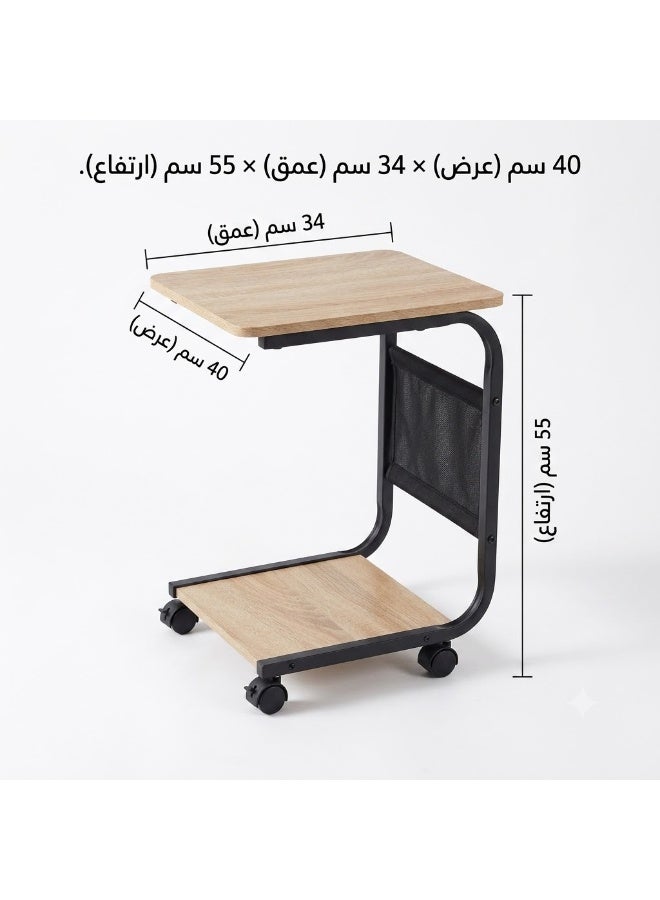 C-Shaped Mobile Sofa Side Table with Lower Shelf and Storage Pocket - Natural Wood Finish & Black Metal Frame - Image 2