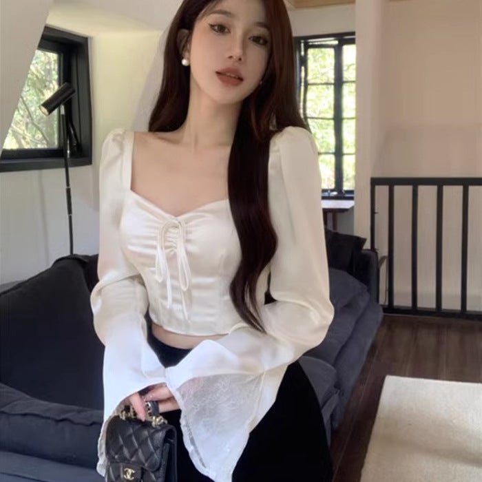 Cross-border 2024 New Shirt Womens Design Sense Niche Shirt Spring and Summer White Short Square Neck Elegant Long Sleeve Top White
