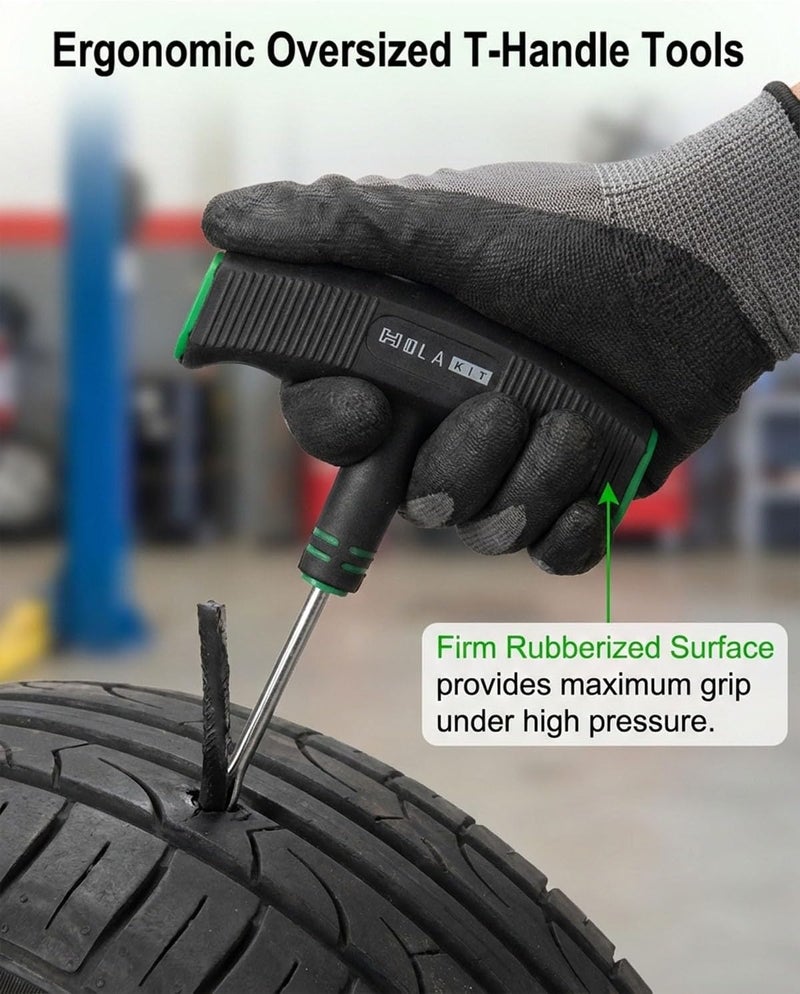 HolaKit 20PCS Tire Repair Kit – Flat Tire Plug Kit inlcudes Ergonomic T-Handle Tools with Rubber Covered Grip, 2 Sizes Tire Repair Strips, Knife, Tire Pressure Gauge & Lubricant – Car, SUV, Motorcycle, ATV - Image 3