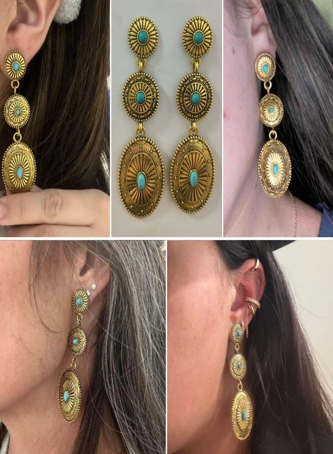 Novearring Western Earrings Jewelry for Women Vintage Concho Earrings Oval Turquoise Dangle Earrings Country Concert Outfits Concho Jewelry Gift, Zinc, Turquoise - Image 4