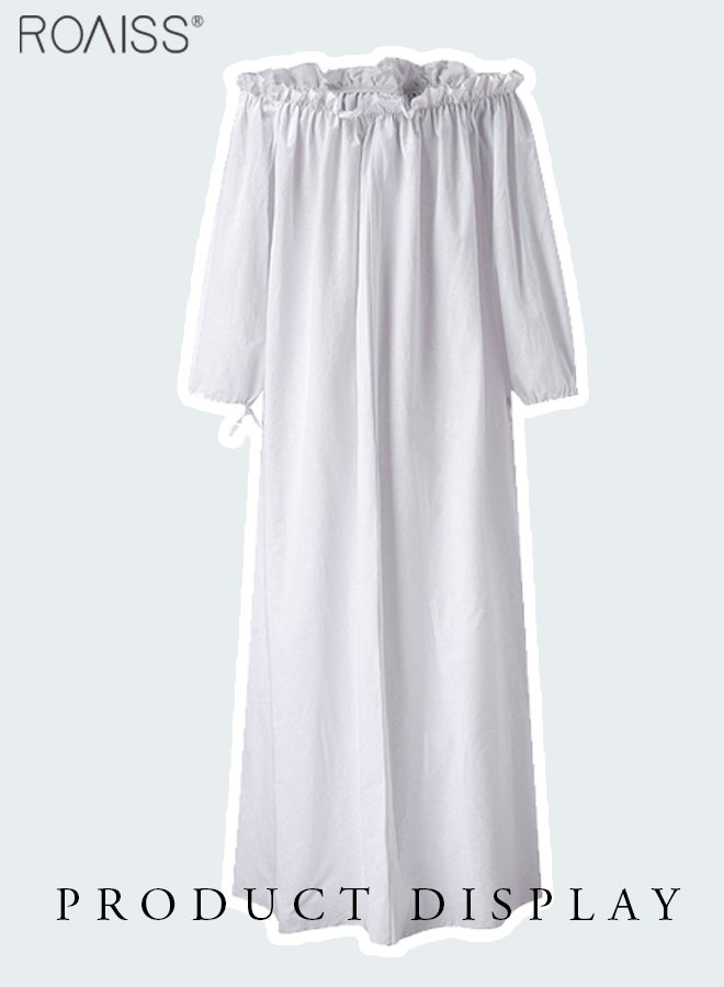 roaiss فستان نسائي كاجوال بدون أكتاف من القطن، فستان عطلة فضفاض سادة، ياقة مكشكشة، حاشية تنورة كبيرة، فستان عصري - Image 3
