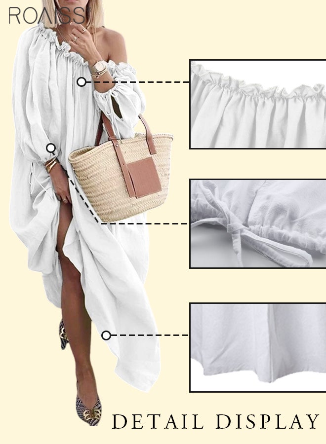 roaiss فستان نسائي كاجوال بدون أكتاف من القطن، فستان عطلة فضفاض سادة، ياقة مكشكشة، حاشية تنورة كبيرة، فستان عصري - Image 2