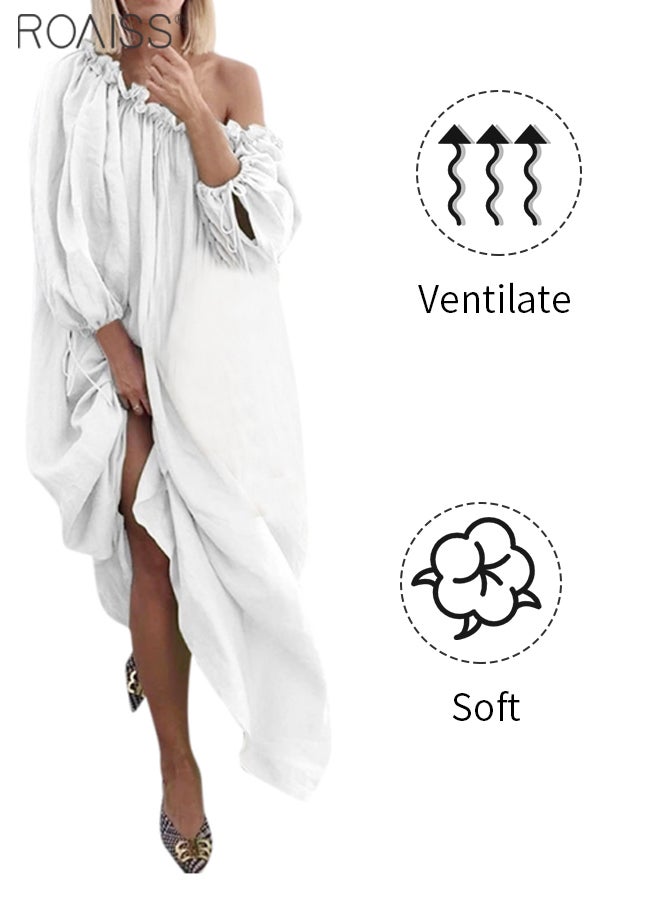 roaiss فستان نسائي كاجوال بدون أكتاف من القطن، فستان عطلة فضفاض سادة، ياقة مكشكشة، حاشية تنورة كبيرة، فستان عصري - Image 4
