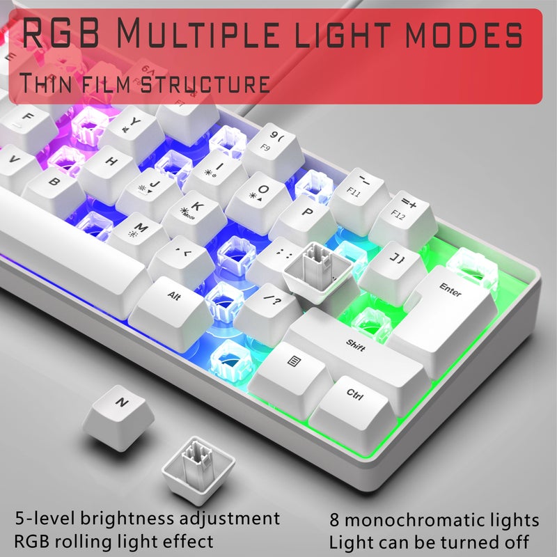 مفاتيح RGB للألعاب USB مضيئة K60 لوحة مفاتيح كمبيوتر بيضاء مصغرة بنسبة 60% مفاتيح قابلة للطي 61 مفتاح تصميم مضغوط بإضاءة خلفية للكمبيوتر المكتبي والكمبيوتر المحمول للمبرمجين واللاعبين هدية مثالية لعشاق التكنولوجيا - Image 5