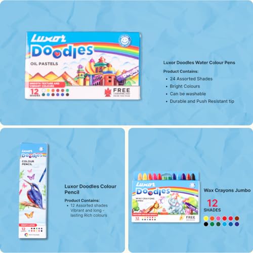 Luxor Doodles Smart Artist Kit for Kids - Drawing Book, Plastic & Wax Crayons, Oil Pastels, Water Colour Pens, Mini Sketch Pens, Pencil Set with Erasers and Scale, Ideal for Aspiring Young Artists - Image 4