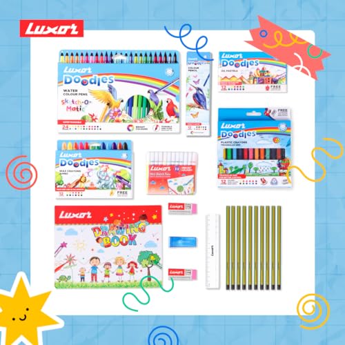 Luxor Doodles Smart Artist Kit for Kids - Drawing Book, Plastic & Wax Crayons, Oil Pastels, Water Colour Pens, Mini Sketch Pens, Pencil Set with Erasers and Scale, Ideal for Aspiring Young Artists - Image 2
