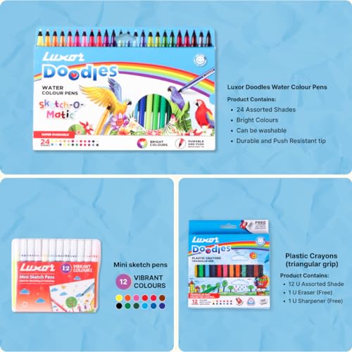Luxor Doodles Smart Artist Kit for Kids - Drawing Book, Plastic & Wax Crayons, Oil Pastels, Water Colour Pens, Mini Sketch Pens, Pencil Set with Erasers and Scale, Ideal for Aspiring Young Artists - Image 3