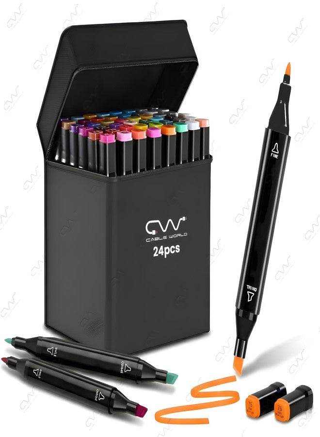 Cable World Dual Tips 24 Colors Markers Set, Art Markers for Adult Coloring Books, Artist Drawing Sketch Markers Set with Fine & Brush Tip (24 Pcs) - Image 1