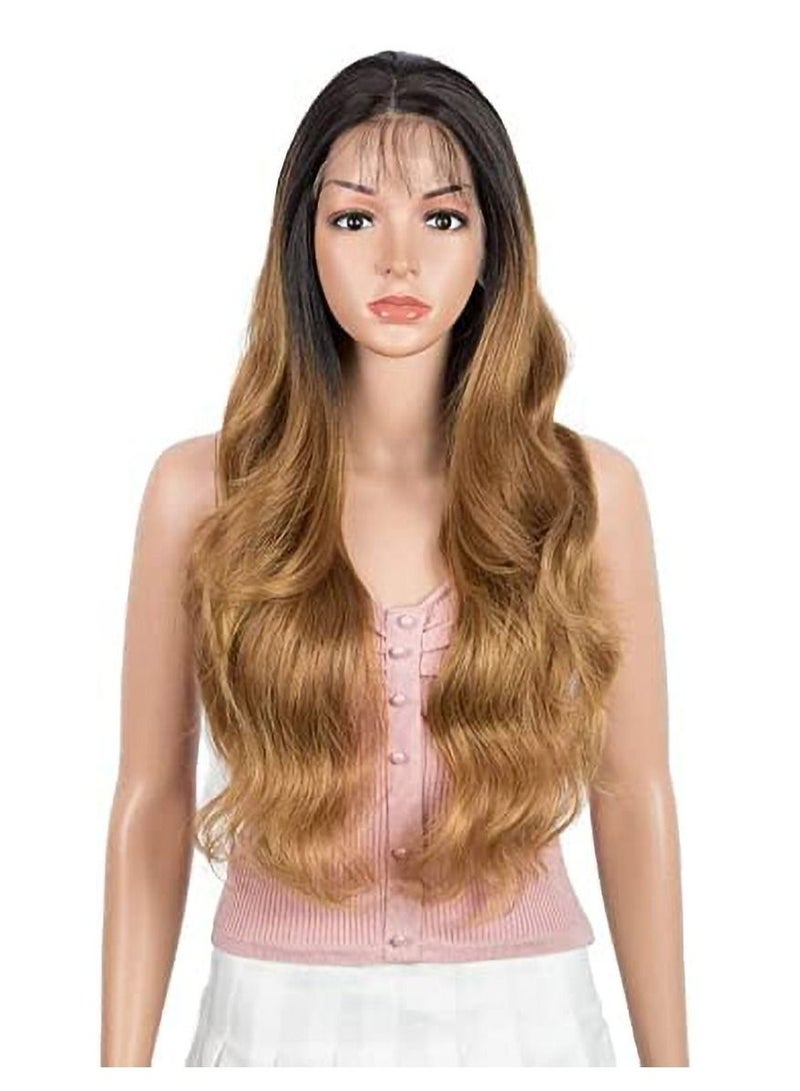 إستيل دانتيل أمامي طويل مموج مع شعر مستعار مقلد لفروة الرأس مقاس 13 × 2.5 بوصة 24 بوصة شعر مستعار صناعي مموج خالٍ من الجزء المقاوم للحرارة مع شعر الطفل للنساء 130٪ كثافة (مموج الجسم ، لون عسلي متدرج) - Image 1