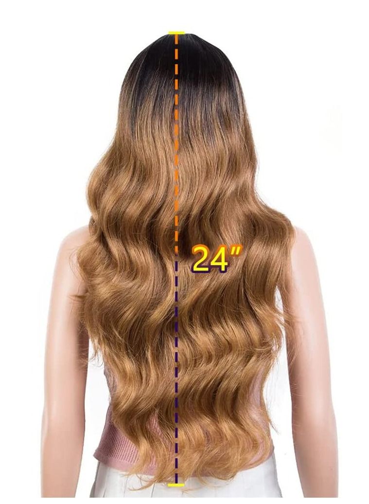 إستيل دانتيل أمامي طويل مموج مع شعر مستعار مقلد لفروة الرأس مقاس 13 × 2.5 بوصة 24 بوصة شعر مستعار صناعي مموج خالٍ من الجزء المقاوم للحرارة مع شعر الطفل للنساء 130٪ كثافة (مموج الجسم ، لون عسلي متدرج) - Image 4